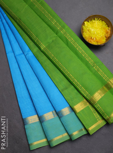 Silk cotton saree cs blue and light green with plain body and rettapet zari woven border