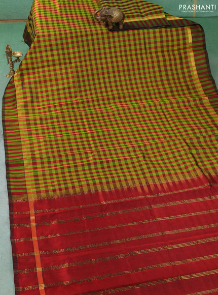 Silk cotton saree light green and maroon with allover paalum pazhamum checked pattern and zari woven simple border