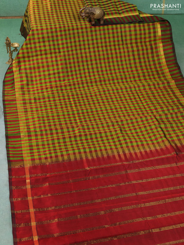 Silk cotton saree light green and maroon with allover paalum pazhamum checked pattern and zari woven simple border