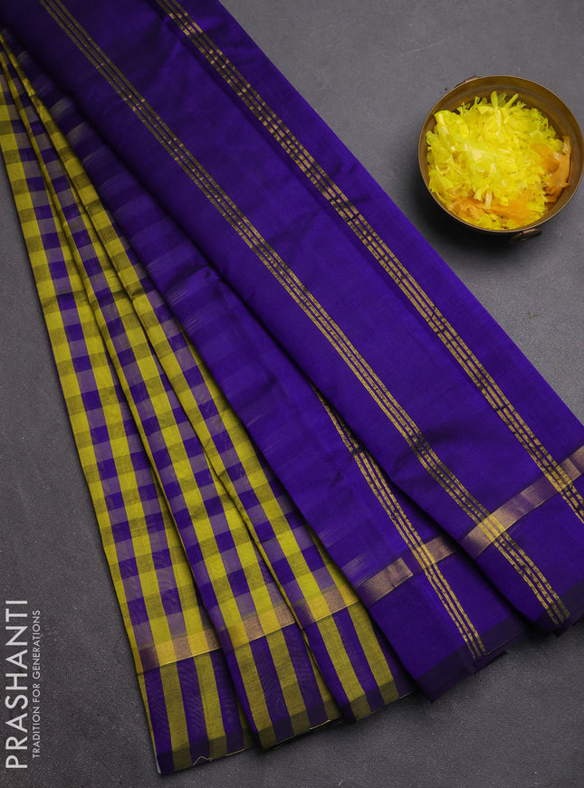 Silk cotton saree lime green and violet with allover paalum pazhamum checked pattern and zari woven simple border