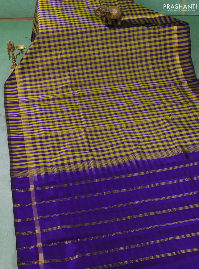 Silk cotton saree lime green and violet with allover paalum pazhamum checked pattern and zari woven simple border