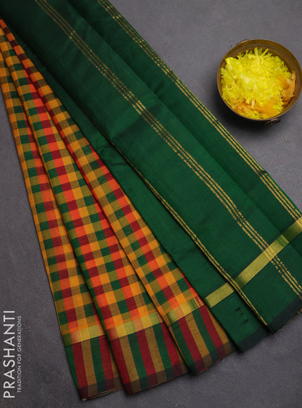 Silk cotton saree multi colour and green with allover paalum pazhamum checked pattern and zari woven simple border
