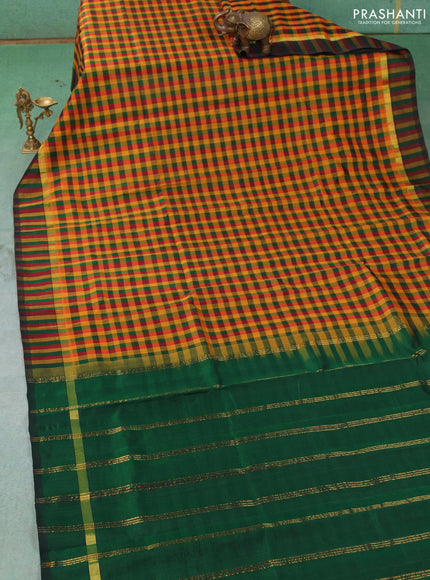 Silk cotton saree multi colour and green with allover paalum pazhamum checked pattern and zari woven simple border