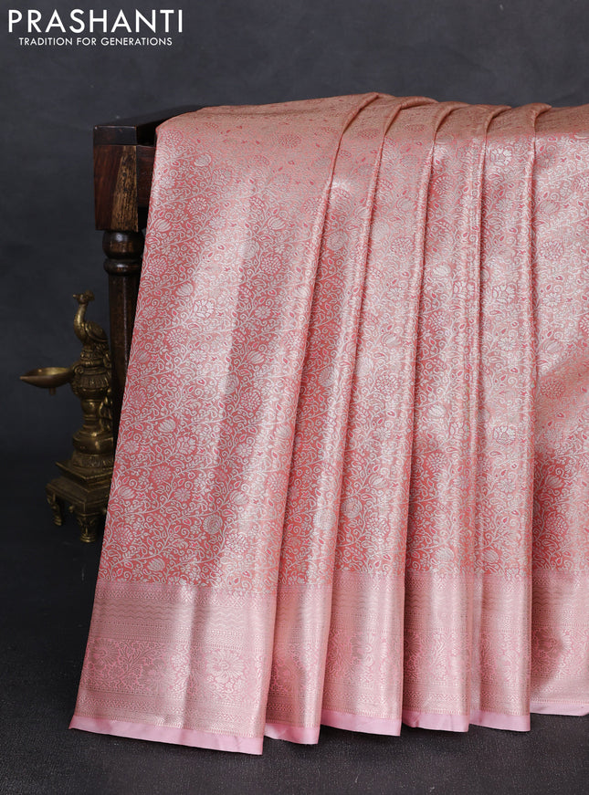 Bangalori tissue silk saree peach pink with allover zari woven brocade weaves and zari woven border