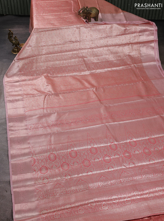 Bangalori tissue silk saree peach pink with allover zari woven brocade weaves and zari woven border