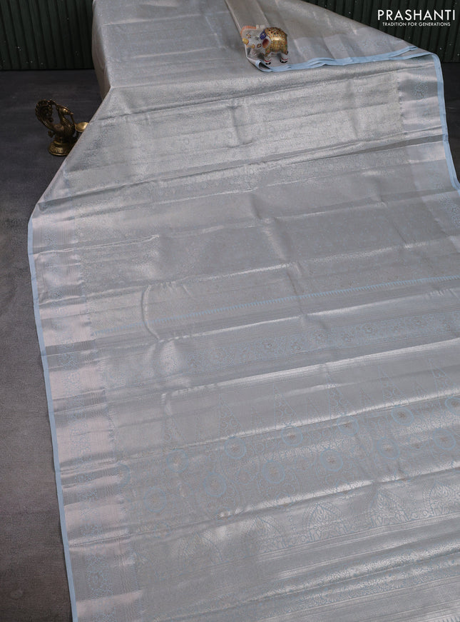 Bangalori tissue silk saree pastel blue with allover zari woven brocade weaves and zari woven border