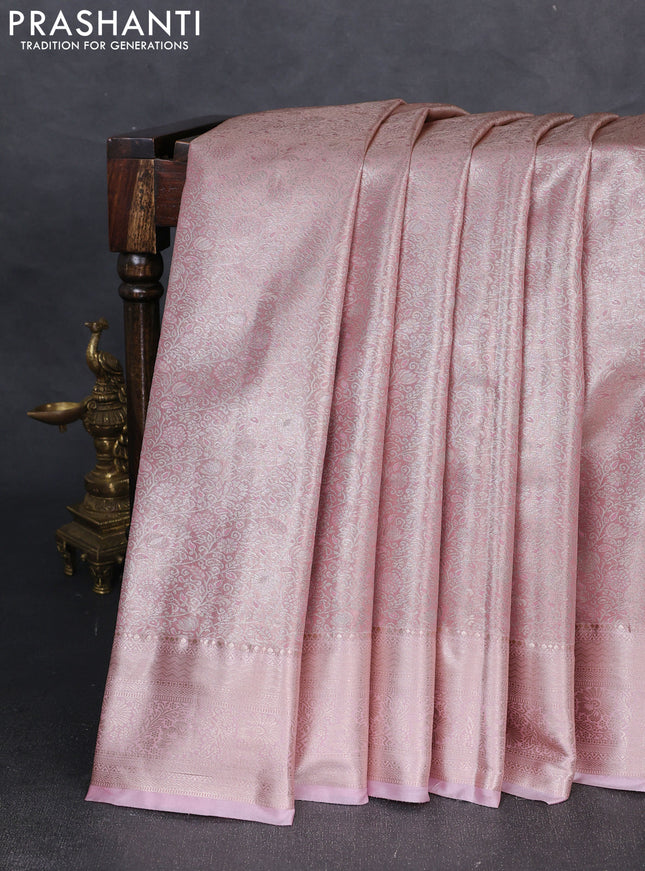 Bangalori tissue silk saree baby pink with allover zari woven brocade weaves and zari woven border