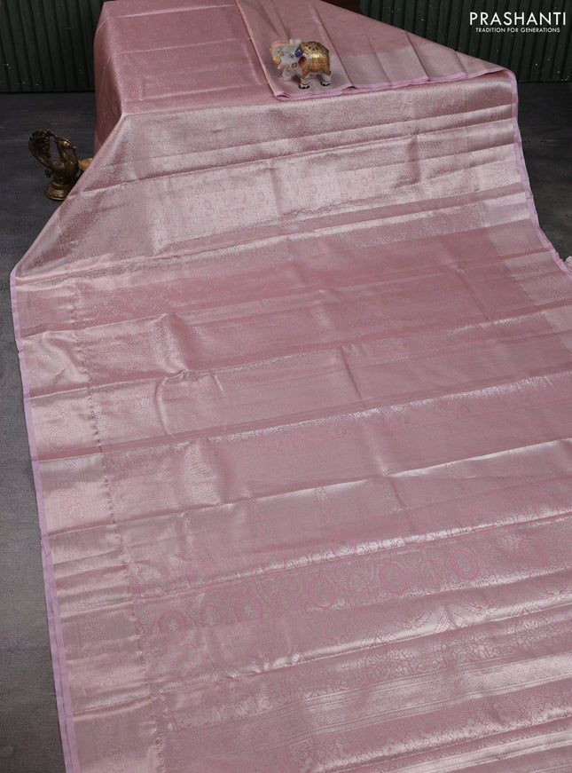 Bangalori tissue silk saree baby pink with allover zari woven brocade weaves and zari woven border