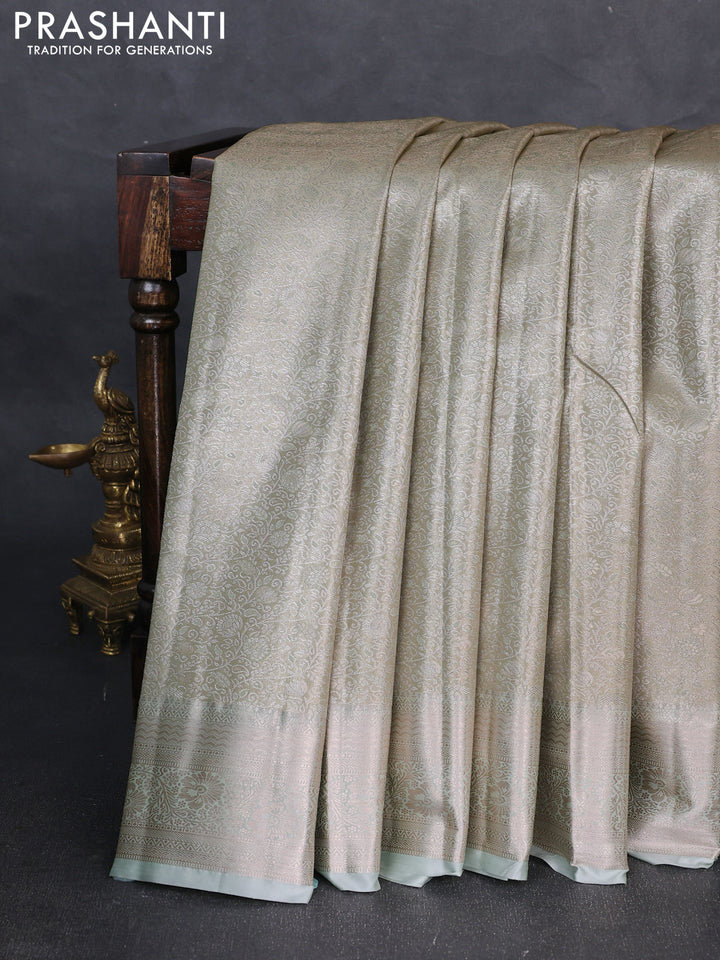 Bangalori tissue silk saree pista green with allover zari woven brocade weaves and zari woven border