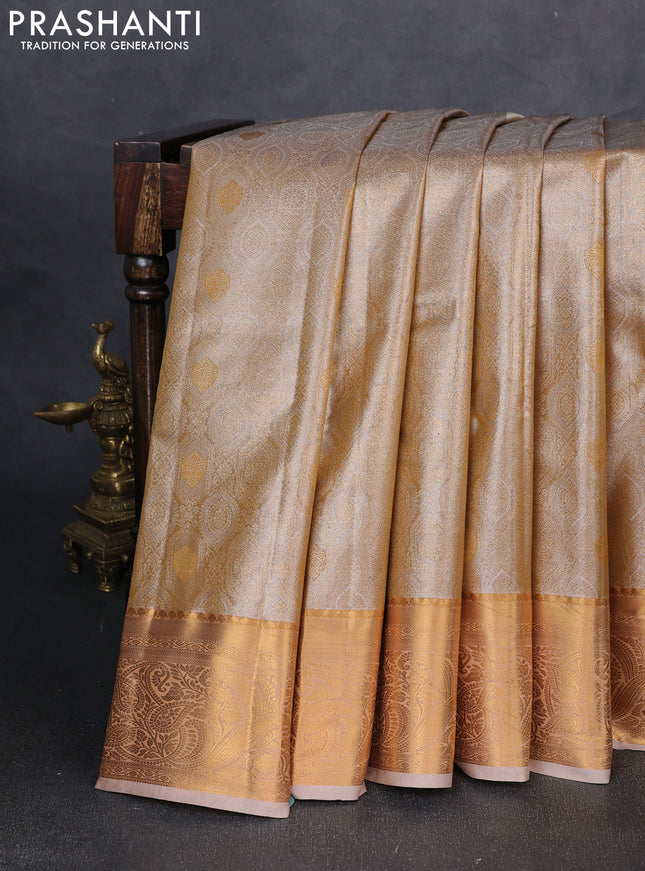Bangalori tissue silk saree beige with allover zari woven brocade weaves and zari woven border