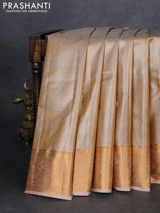 Bangalori tissue silk saree beige with allover zari woven brocade weaves and zari woven border