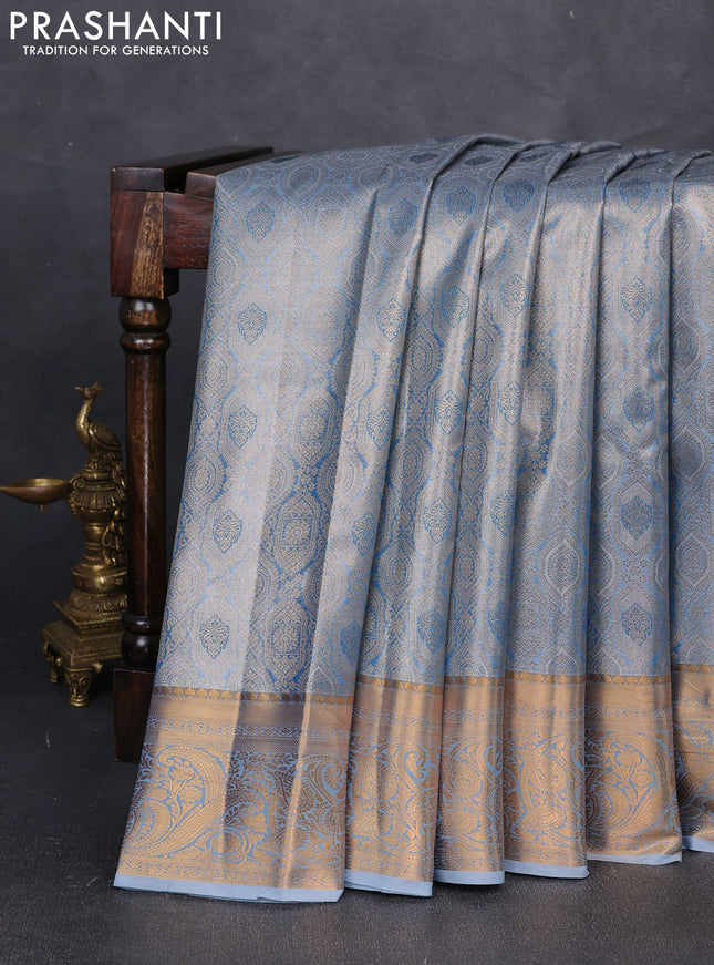 Bangalori tissue silk saree blue with allover zari woven brocade weaves and zari woven border
