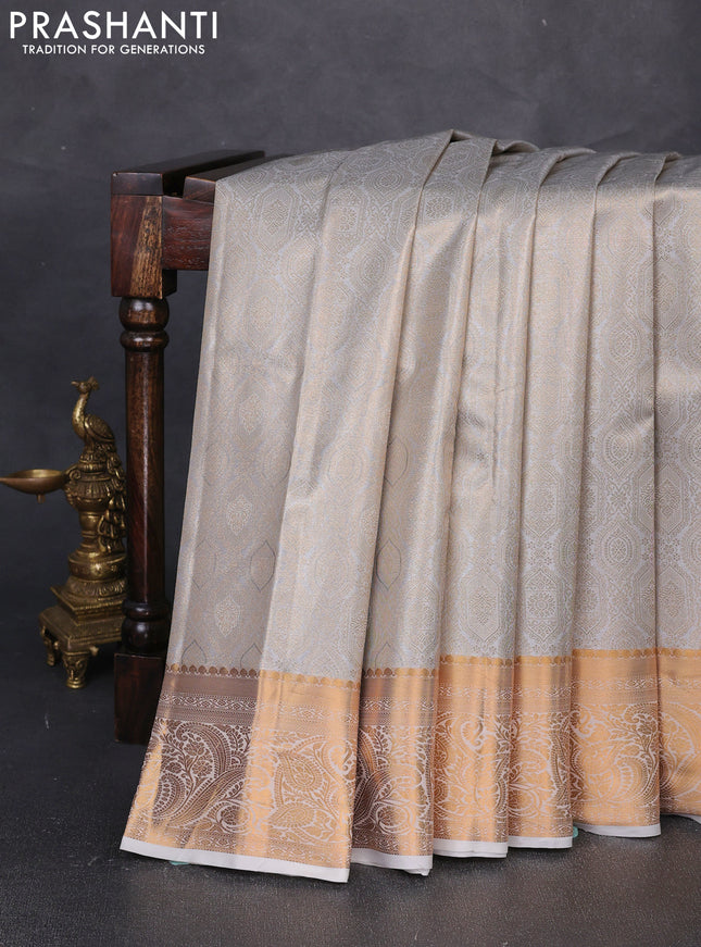 Bangalori tissue silk saree grey and off white with allover zari woven brocade weaves and zari woven border