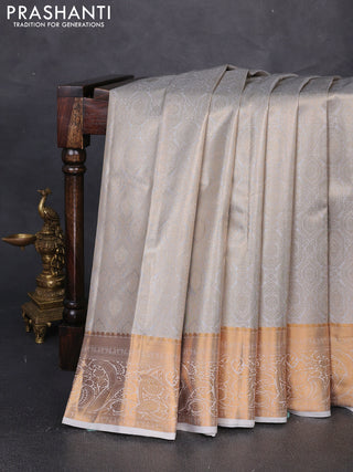 Bangalori tissue silk saree grey and off white with allover zari woven brocade weaves and zari woven border