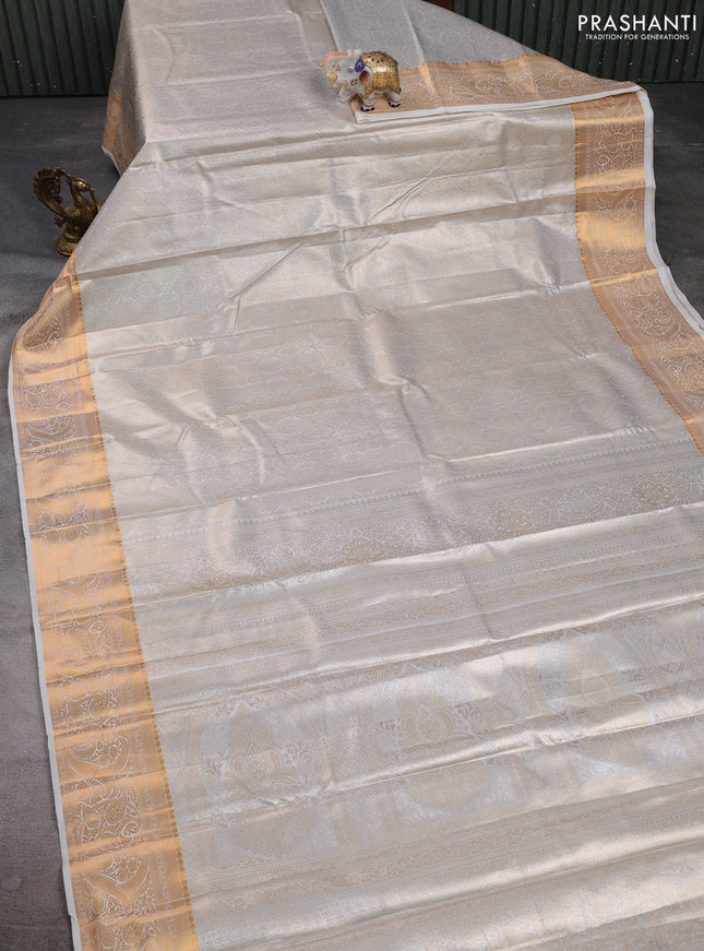 Bangalori tissue silk saree grey and off white with allover zari woven brocade weaves and zari woven border
