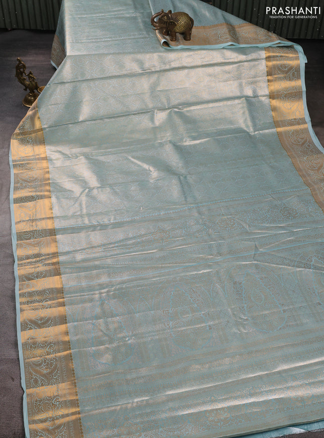 Bangalori tissue silk saree teal blue with allover zari woven brocade weaves and zari woven border
