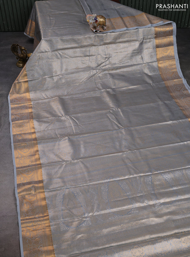 Bangalori tissue silk saree grey with allover zari woven brocade weaves and zari woven border