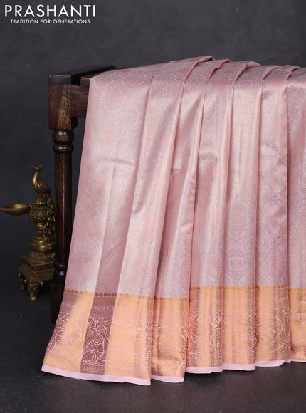 Bangalori tissue silk saree peach pink with allover zari woven brocade weaves and zari woven border