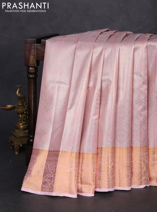 Bangalori tissue silk saree peach pink with allover zari woven brocade weaves and zari woven border