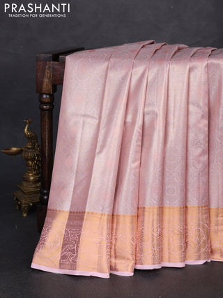 Bangalori tissue silk saree peach pink with allover zari woven brocade weaves and zari woven border