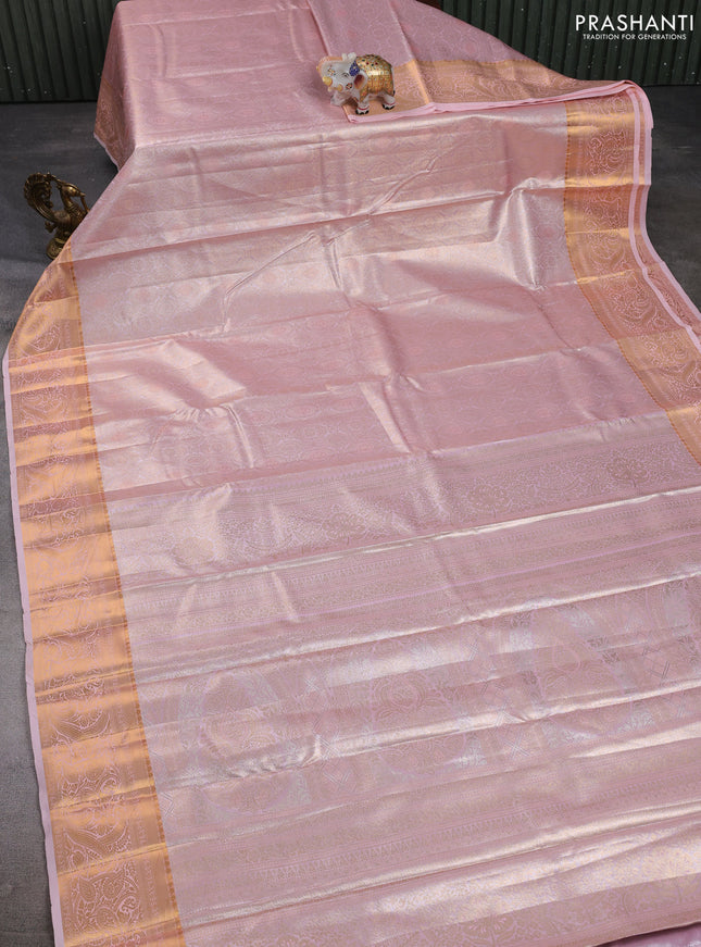 Bangalori tissue silk saree peach pink with allover zari woven brocade weaves and zari woven border