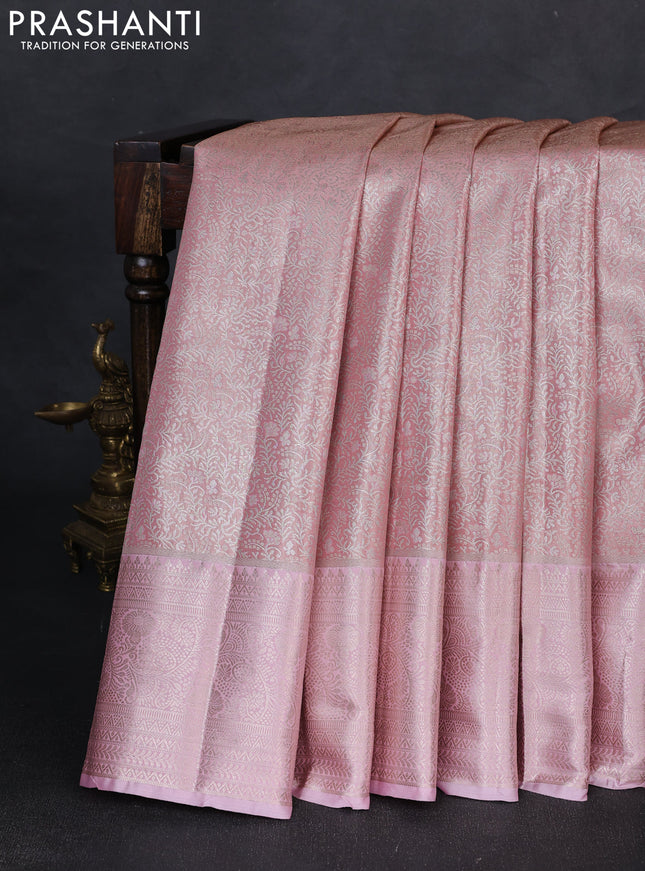 Bangalori tissue silk saree peach and baby pink with allover zari woven brocade weaves and zari woven border