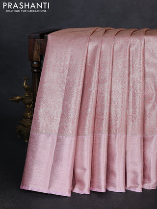 Bangalori tissue silk saree peach and baby pink with allover zari woven brocade weaves and zari woven border
