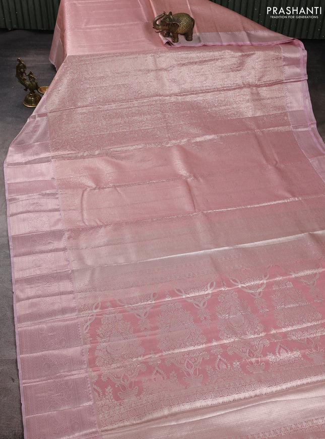 Bangalori tissue silk saree peach and baby pink with allover zari woven brocade weaves and zari woven border