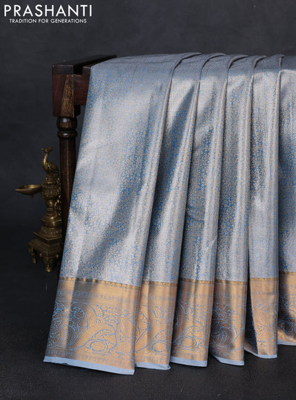 Bangalori tissue silk saree bluish grey with allover zari woven brocade weaves and zari woven border