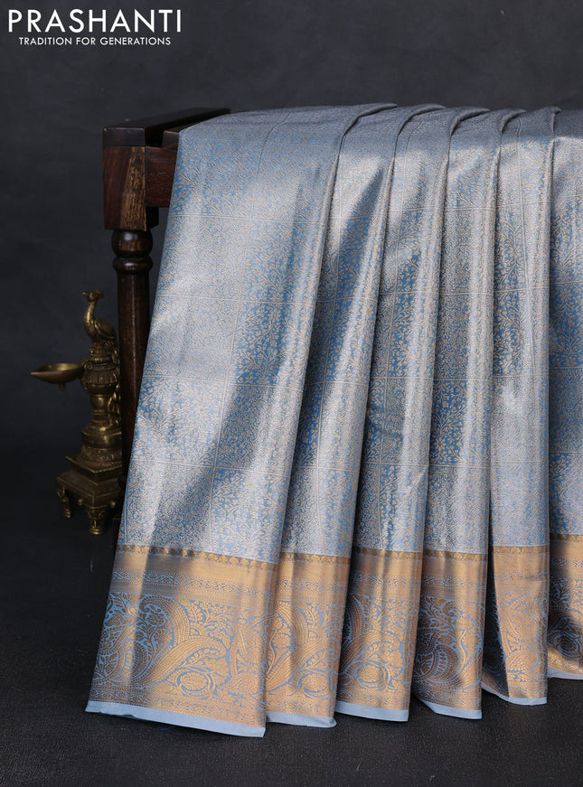 Bangalori tissue silk saree bluish grey with allover zari woven brocade weaves and zari woven border