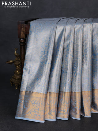 Bangalori tissue silk saree bluish grey with allover zari woven brocade weaves and zari woven border