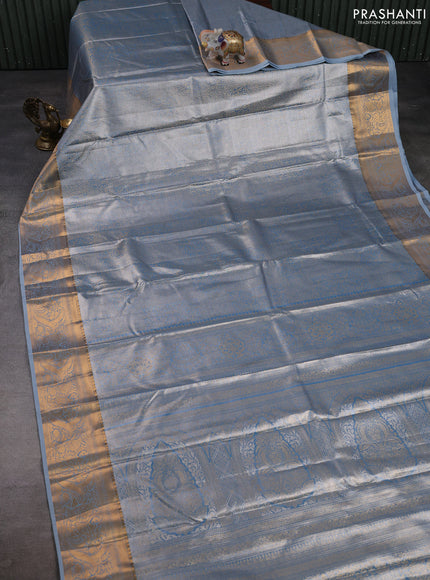 Bangalori tissue silk saree bluish grey with allover zari woven brocade weaves and zari woven border