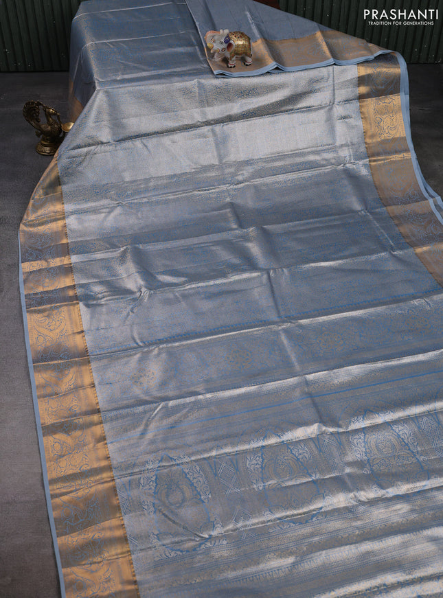Bangalori tissue silk saree bluish grey with allover zari woven brocade weaves and zari woven border