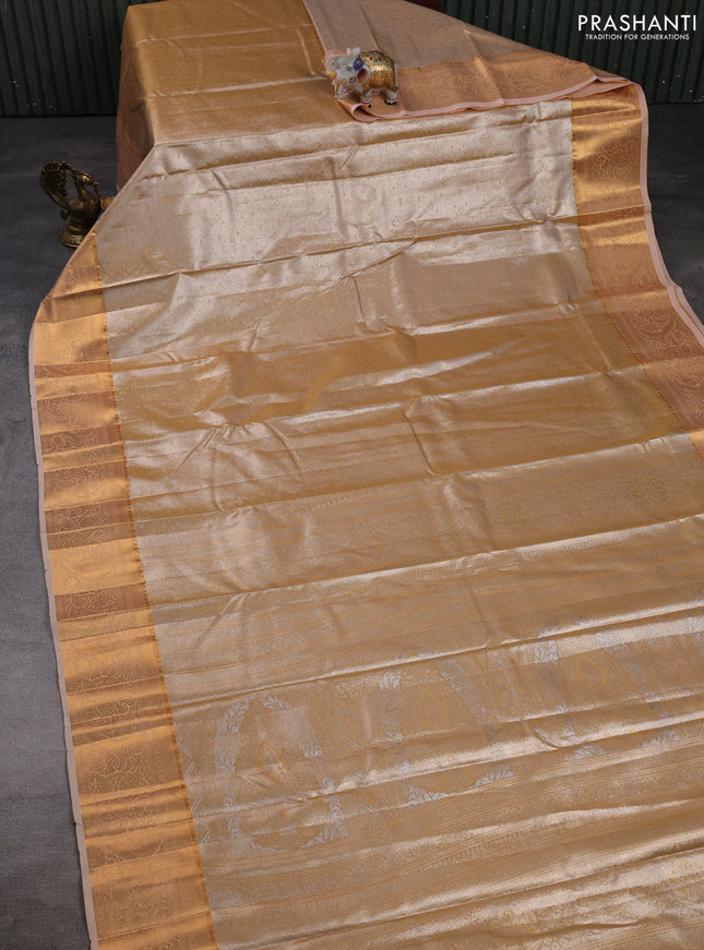 Bangalori tissue silk saree pale orange with allover zari woven brocade weaves and zari woven border