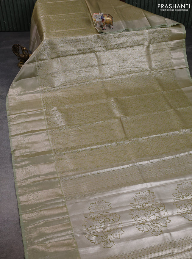 Bangalori tissue silk saree elaichi green with allover zari woven brocade weaves and long zari woven border