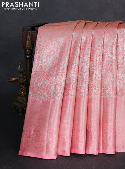 Bangalori tissue silk saree peach pink with allover zari woven brocade weaves and long zari woven border