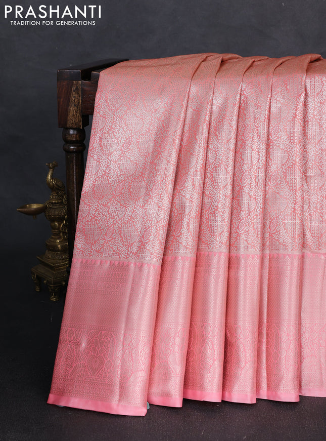 Bangalori tissue silk saree peach pink with allover zari woven brocade weaves and long zari woven border