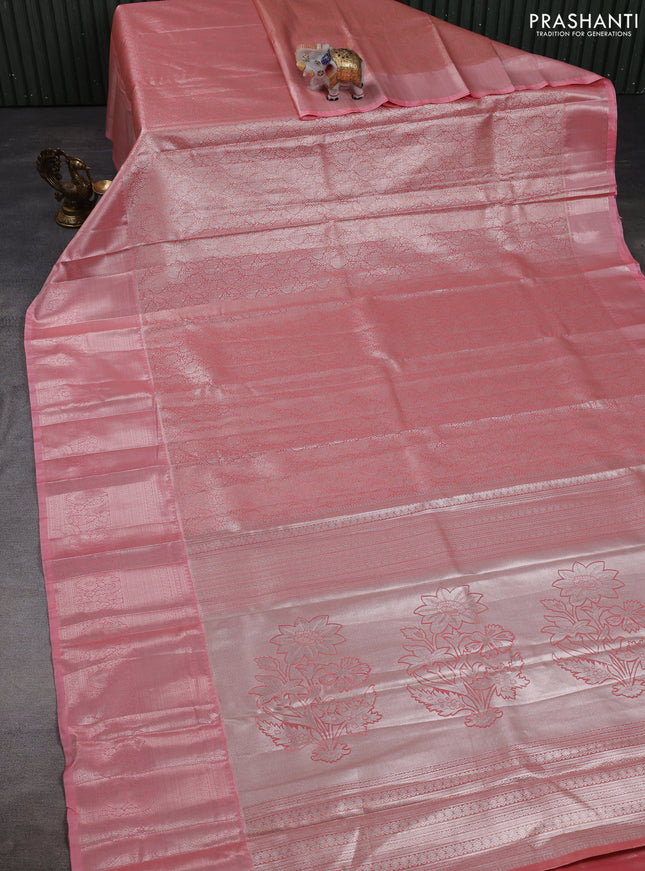 Bangalori tissue silk saree peach pink with allover zari woven brocade weaves and long zari woven border
