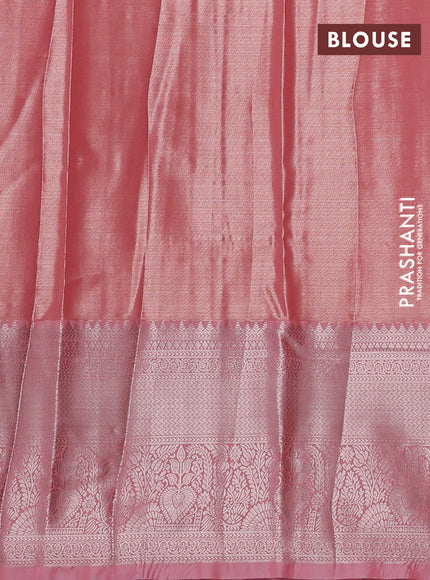 Bangalori tissue silk saree peach pink with allover zari woven brocade weaves and long zari woven border