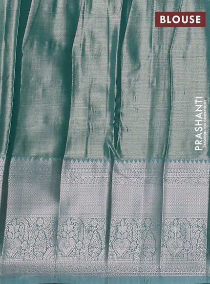 Bangalori tissue silk saree teal green shade with allover zari woven brocade weaves and long zari woven border
