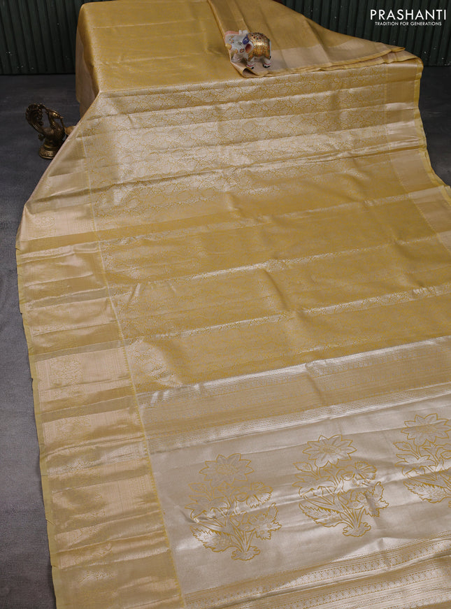 Bangalori tissue silk saree mustard yellow with allover zari woven brocade weaves and long zari woven border
