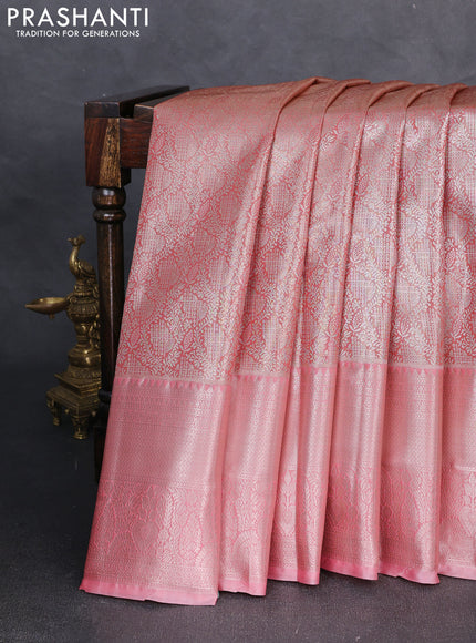 Bangalori tissue silk saree peach pink with allover zari woven brocade weaves and long zari woven border
