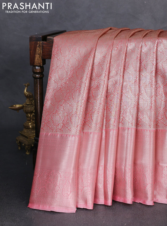 Bangalori tissue silk saree peach pink with allover zari woven brocade weaves and long zari woven border