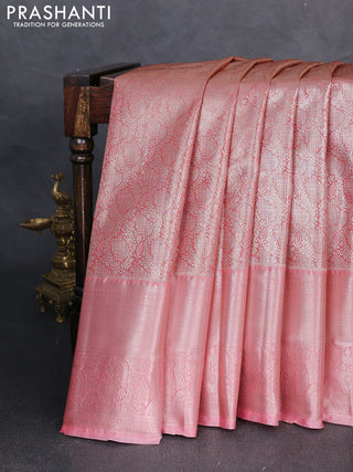 Bangalori tissue silk saree peach pink with allover zari woven brocade weaves and long zari woven border