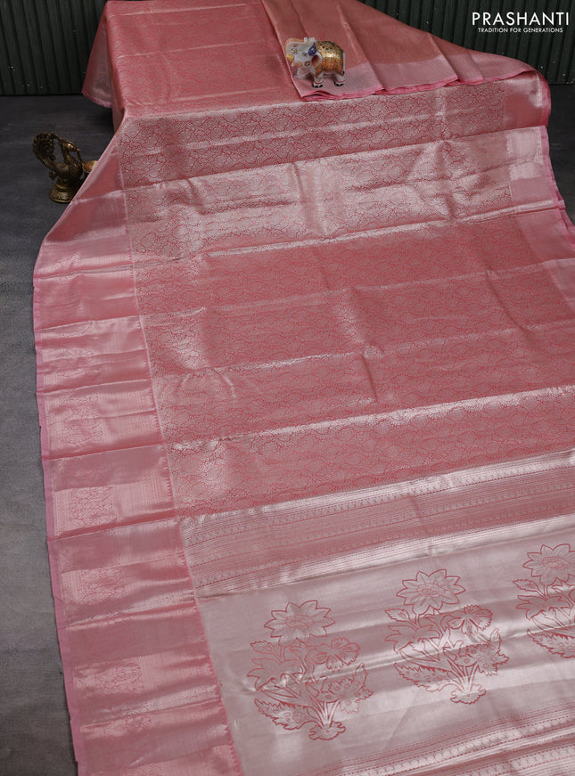 Bangalori tissue silk saree peach pink with allover zari woven brocade weaves and long zari woven border