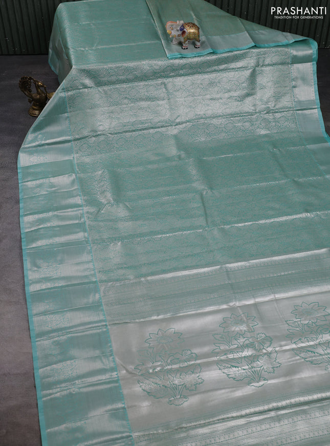 Bangalori tissue silk saree teal green with allover zari woven brocade weaves and zari woven border