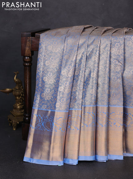 Bangalori tissue silk saree pastel blue with allover zari woven brocade weaves and long zari woven border
