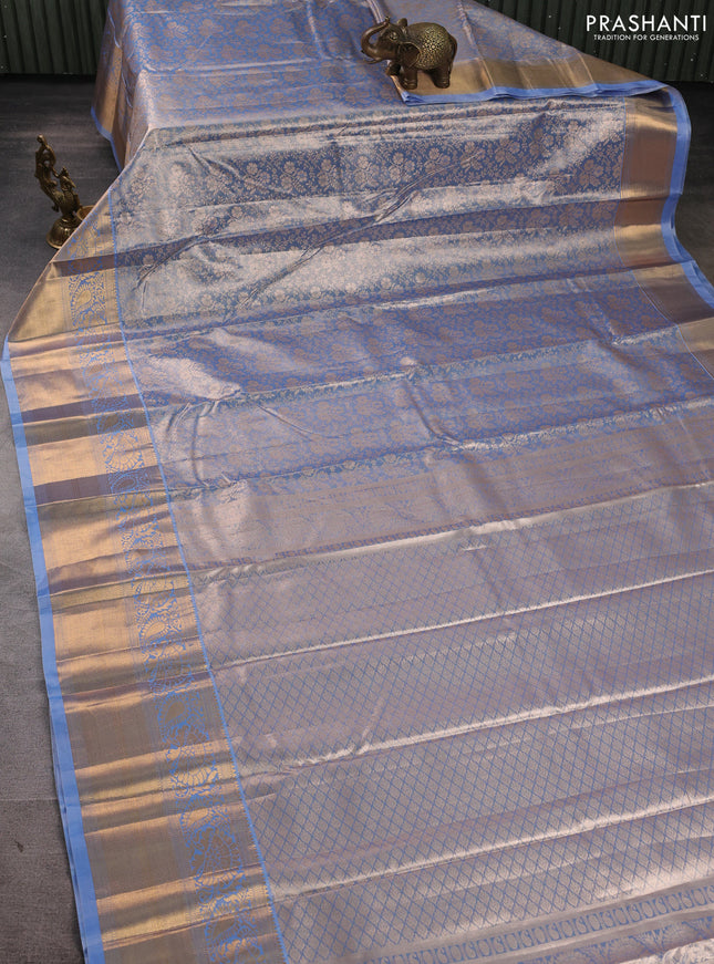 Bangalori tissue silk saree pastel blue with allover zari woven brocade weaves and long zari woven border