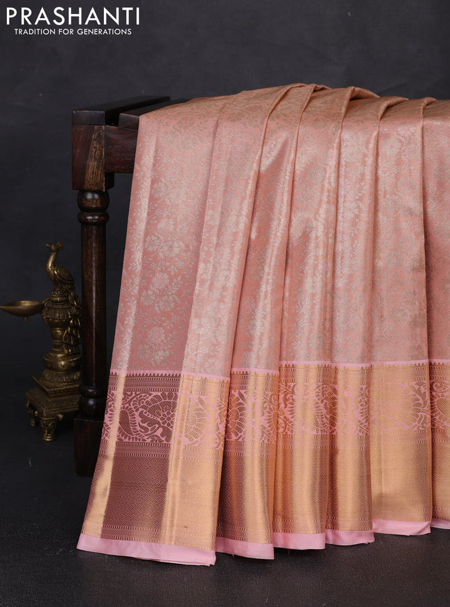 Bangalori tissue silk saree peach pink with allover zari woven brocade weaves and long zari woven border