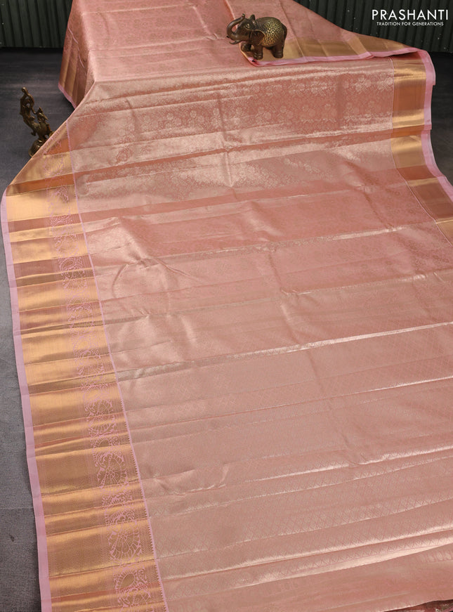 Bangalori tissue silk saree peach pink with allover zari woven brocade weaves and long zari woven border
